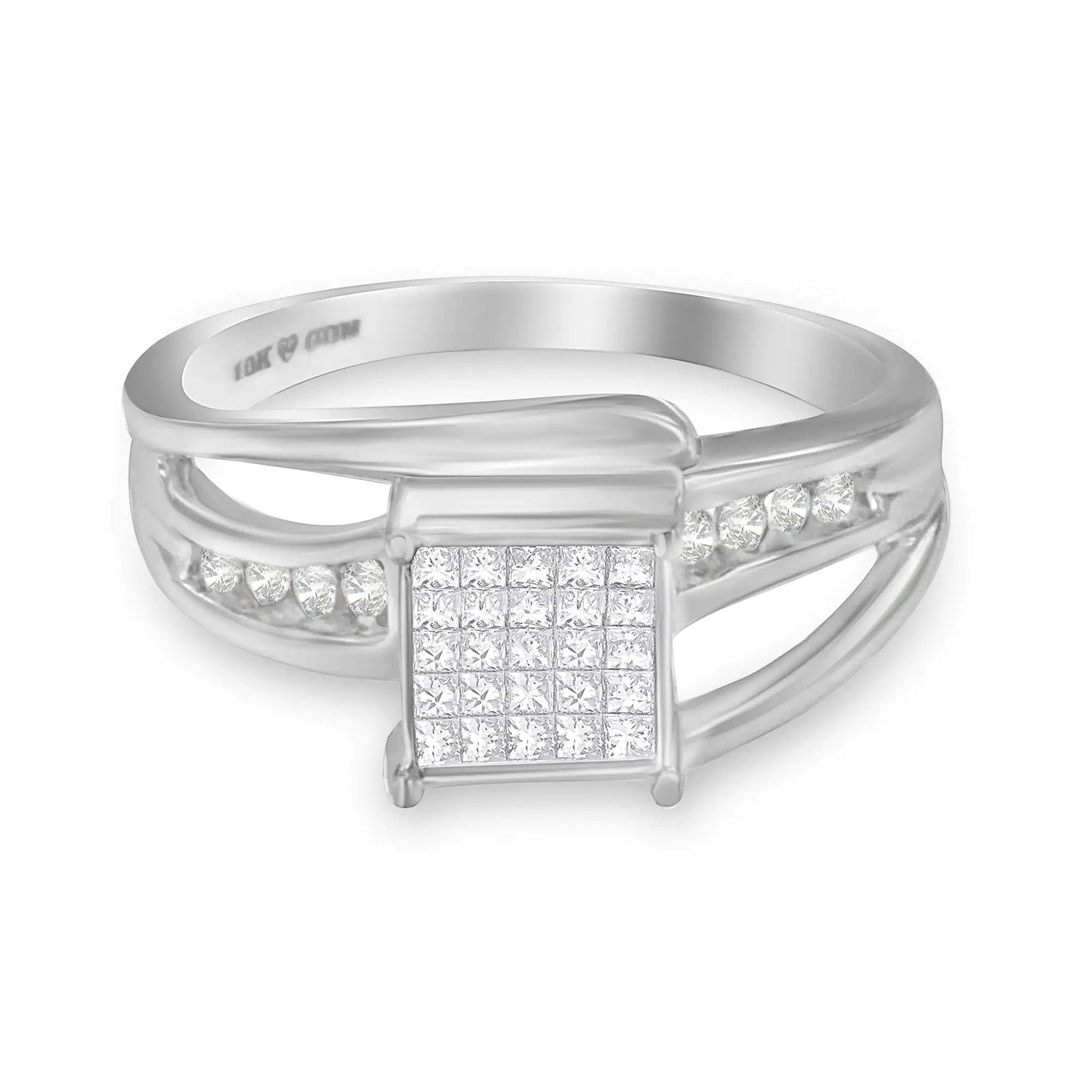 10K White Gold 1/3 Cttw Invisible Set Princess - cut Diamond Cluster Bypass Ring (H - I Color, SI1 - SI2 Clarity) - Jaazi Intl