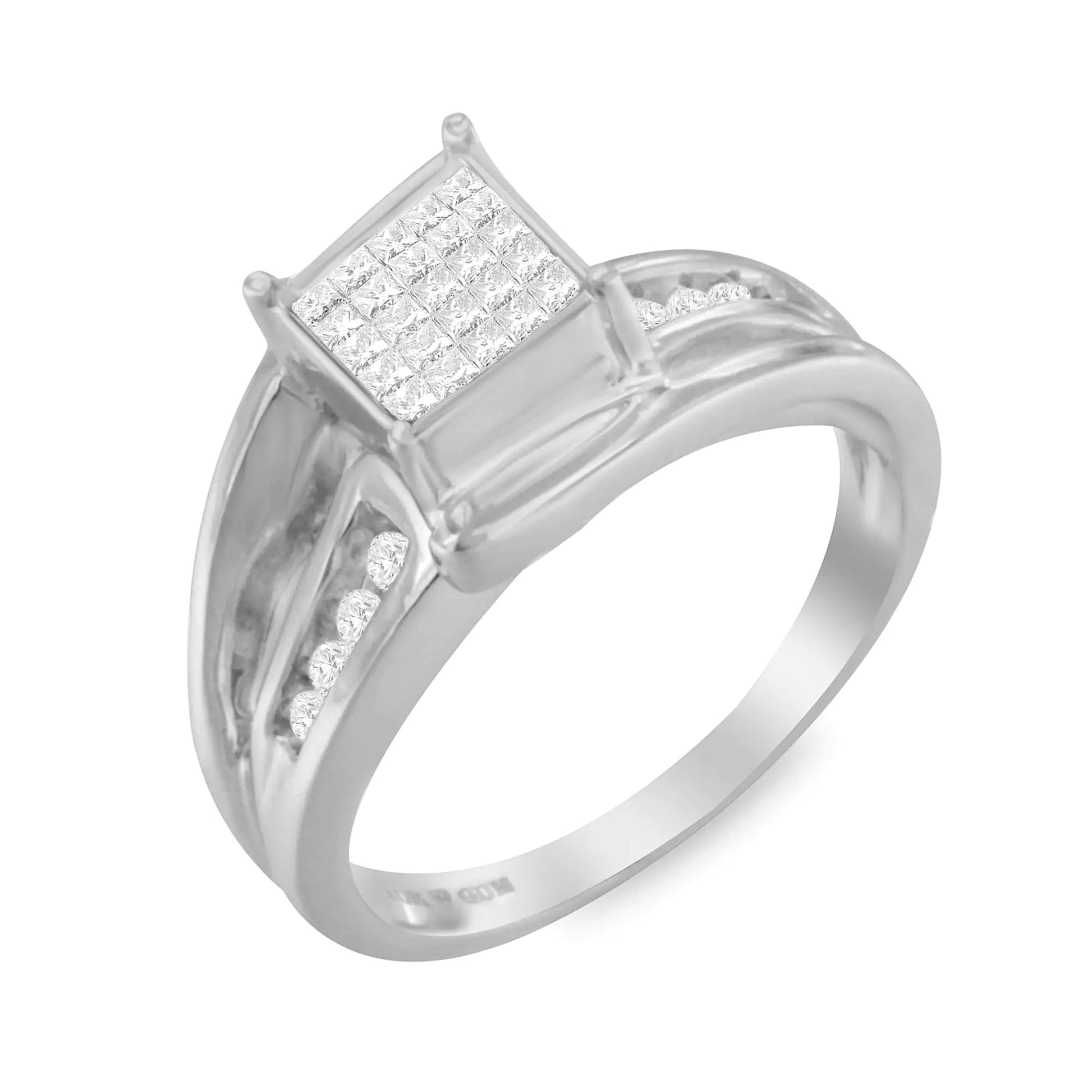 10K White Gold 1/3 Cttw Invisible Set Princess - cut Diamond Cluster Bypass Ring (H - I Color, SI1 - SI2 Clarity) - Jaazi Intl