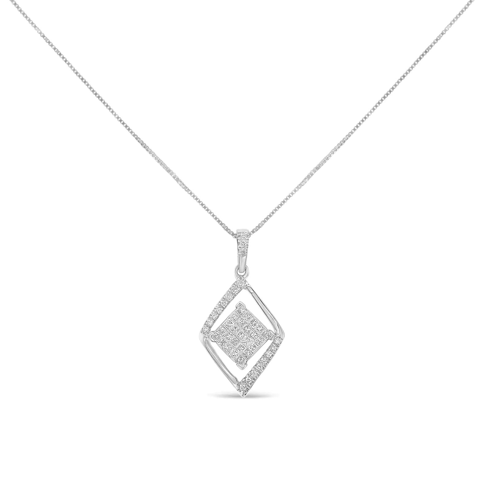 10k White Gold 1/3 Cttw Round and Princess - Cut Diamond Double Triangle 18" Pendant Necklace (H - I Color, SI1 - SI2 Clarity) - Jaazi Intl