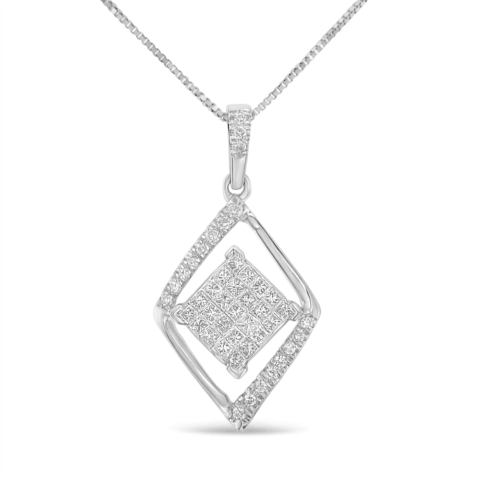 10k White Gold 1/3 Cttw Round and Princess - Cut Diamond Double Triangle 18" Pendant Necklace (H - I Color, SI1 - SI2 Clarity) - Jaazi Intl