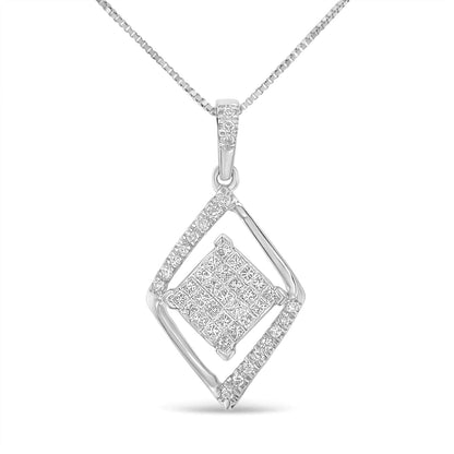 10k White Gold 1/3 Cttw Round and Princess - Cut Diamond Double Triangle 18" Pendant Necklace (H - I Color, SI1 - SI2 Clarity) - Jaazi Intl