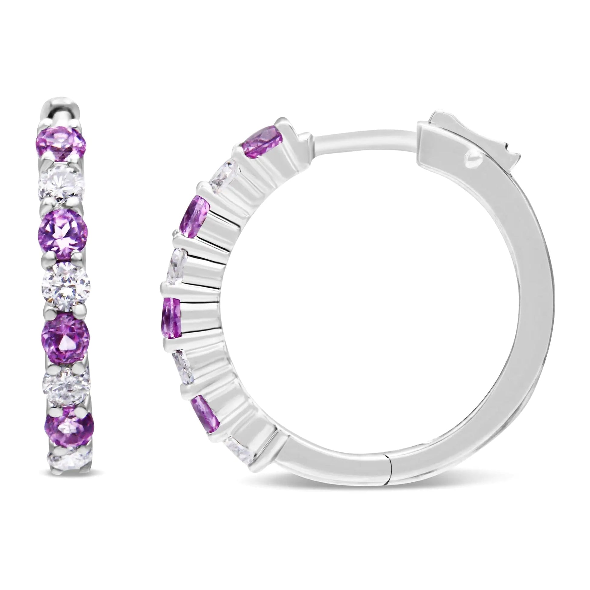 10K White Gold 2.5MM Sapphire Gemstone and 1/2 Cttw Diamond Hoop Earrings (H - I Color, I1 - I2 Clarity) - Jaazi Intl