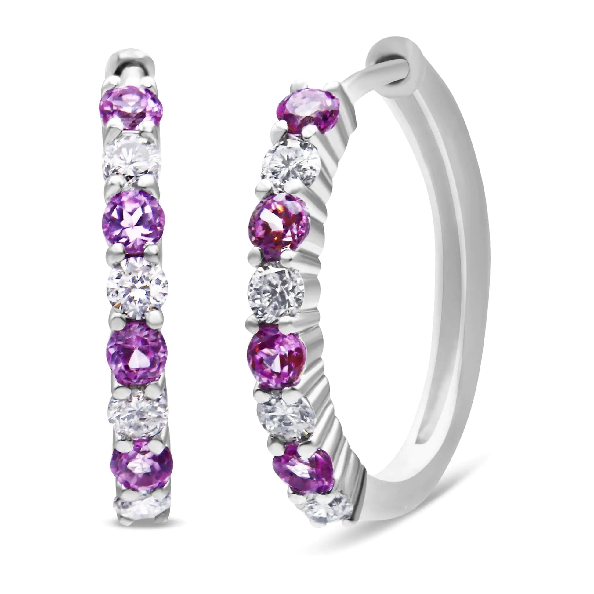 10K White Gold 2.5MM Sapphire Gemstone and 1/2 Cttw Diamond Hoop Earrings (H - I Color, I1 - I2 Clarity) - Jaazi Intl