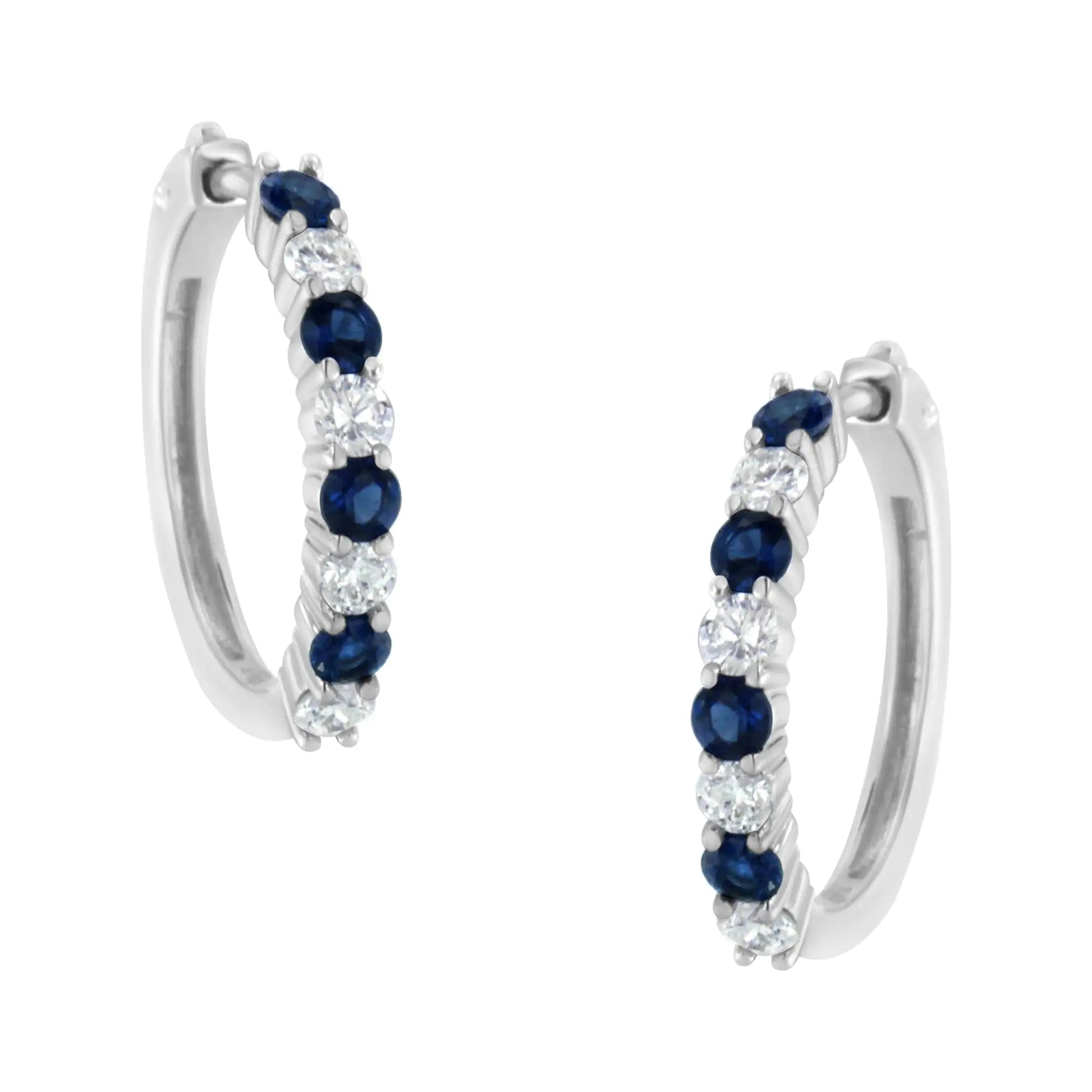 10K White Gold 2.5MM Sapphire Gemstone and 1/2 Cttw Diamond Hoop Earrings (H - I Color, I1 - I2 Clarity) - Jaazi Intl