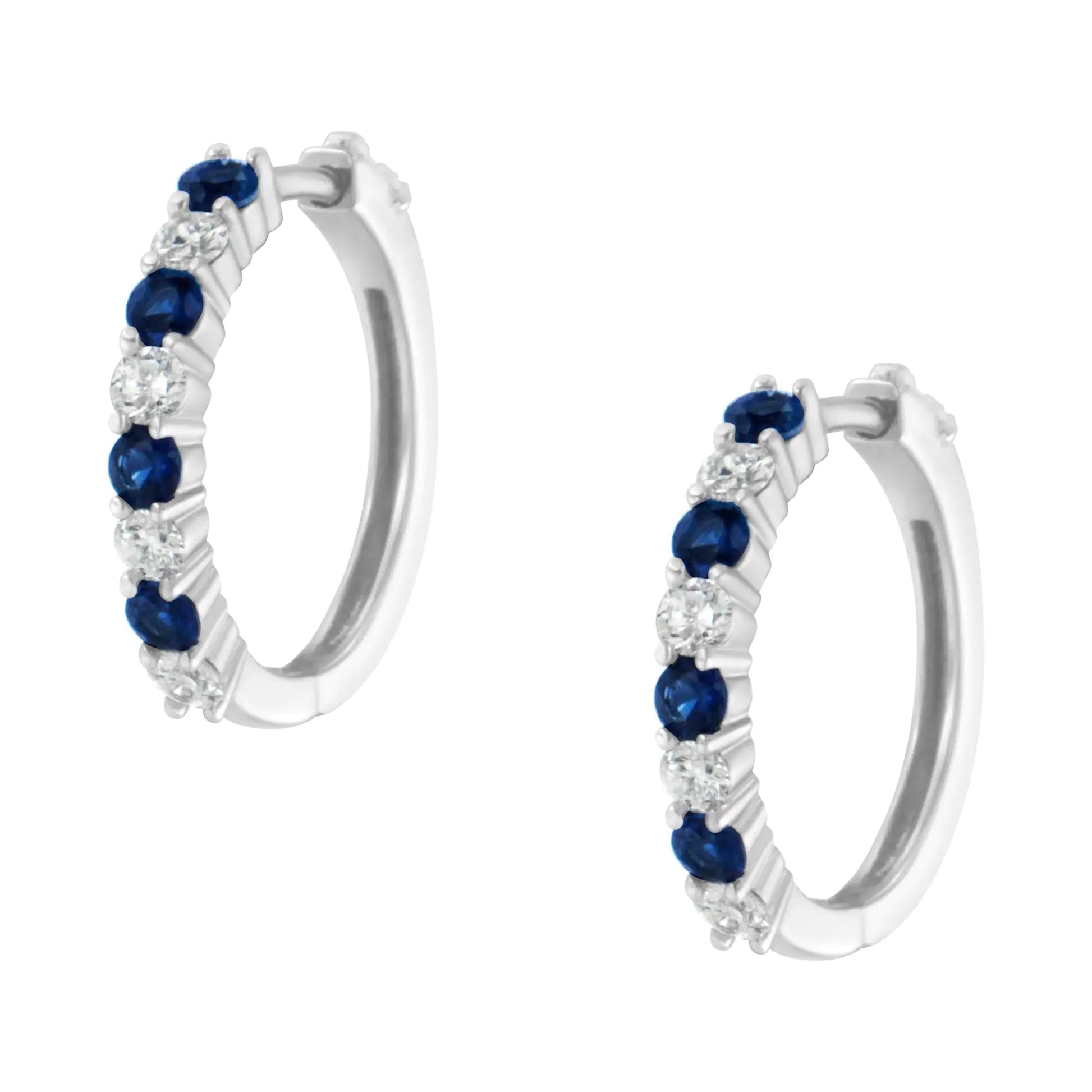 10K White Gold 2.5MM Sapphire Gemstone and 1/2 Cttw Diamond Hoop Earrings (H - I Color, I1 - I2 Clarity) - Jaazi Intl