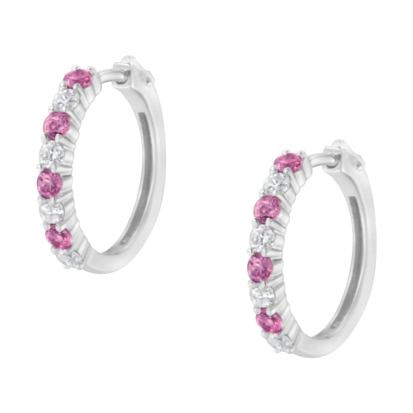 10K White Gold 2.5MM Sapphire Gemstone and 1/2 Cttw Diamond Hoop Earrings (H - I Color, I1 - I2 Clarity) - Jaazi Intl