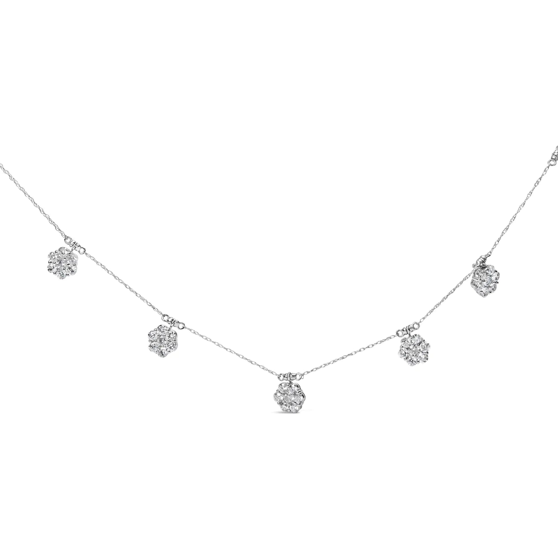 10K White Gold 3.0 Cttw Round - Cut Diamond 7 Stone Cluster Station Necklace (H - I Color, I1 - I2 Clarity) - 18" - Jaazi Intl