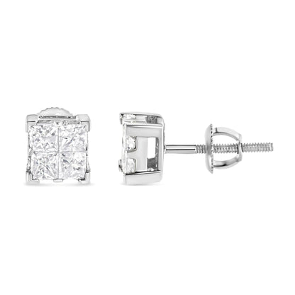 10K White Gold 3/4 Cttw Invisible Set Princess - Cut Diamond Composite Square Stud Earrings (H - I Color, SI2 - I1 Clarity) - Jaazi Intl