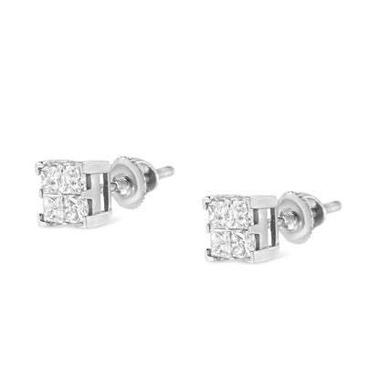 10K White Gold 3/4 Cttw Invisible Set Princess - Cut Diamond Composite Square Stud Earrings (H - I Color, SI2 - I1 Clarity) - Jaazi Intl