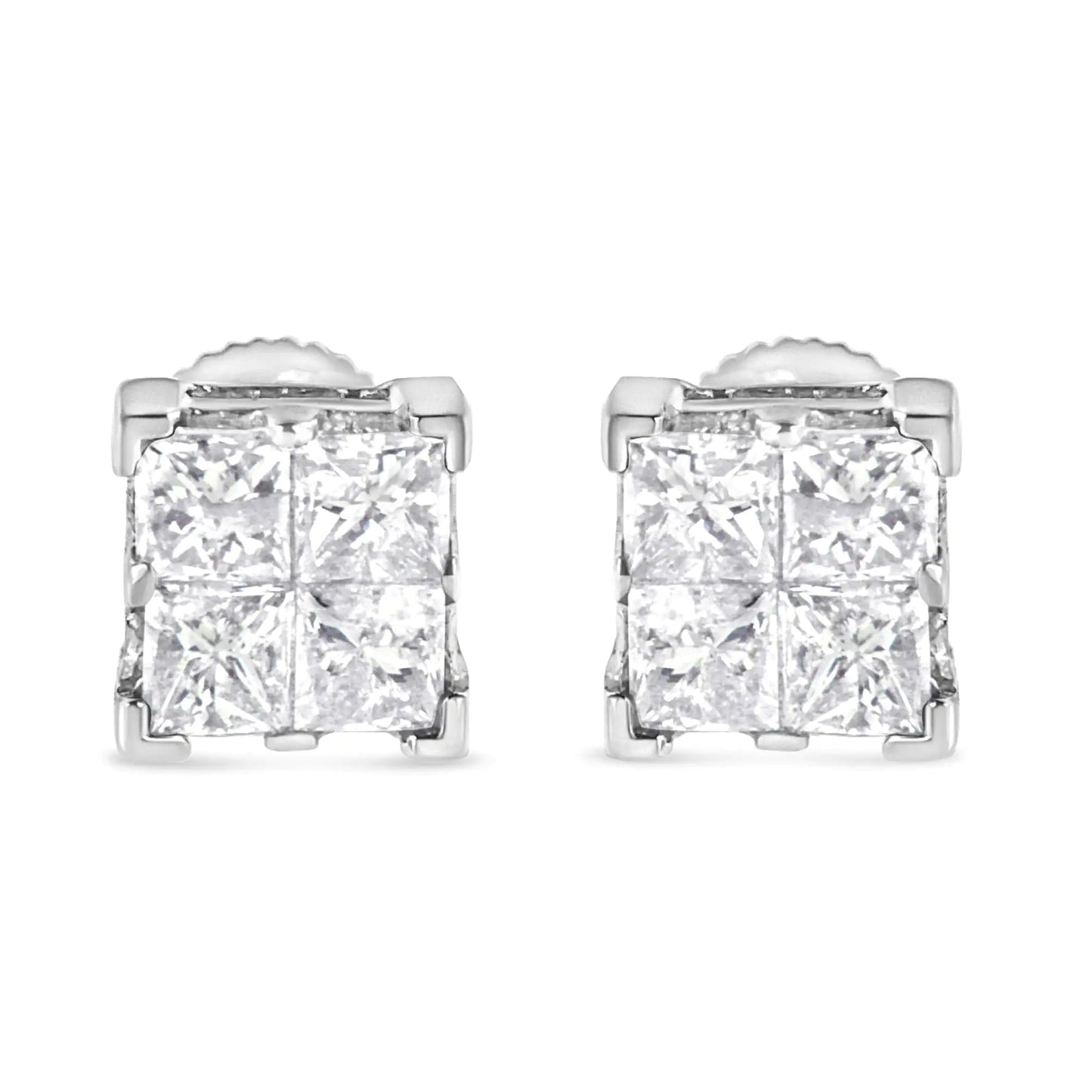 10K White Gold 3/4 Cttw Invisible Set Princess - Cut Diamond Composite Square Stud Earrings (H - I Color, SI2 - I1 Clarity) - Jaazi Intl