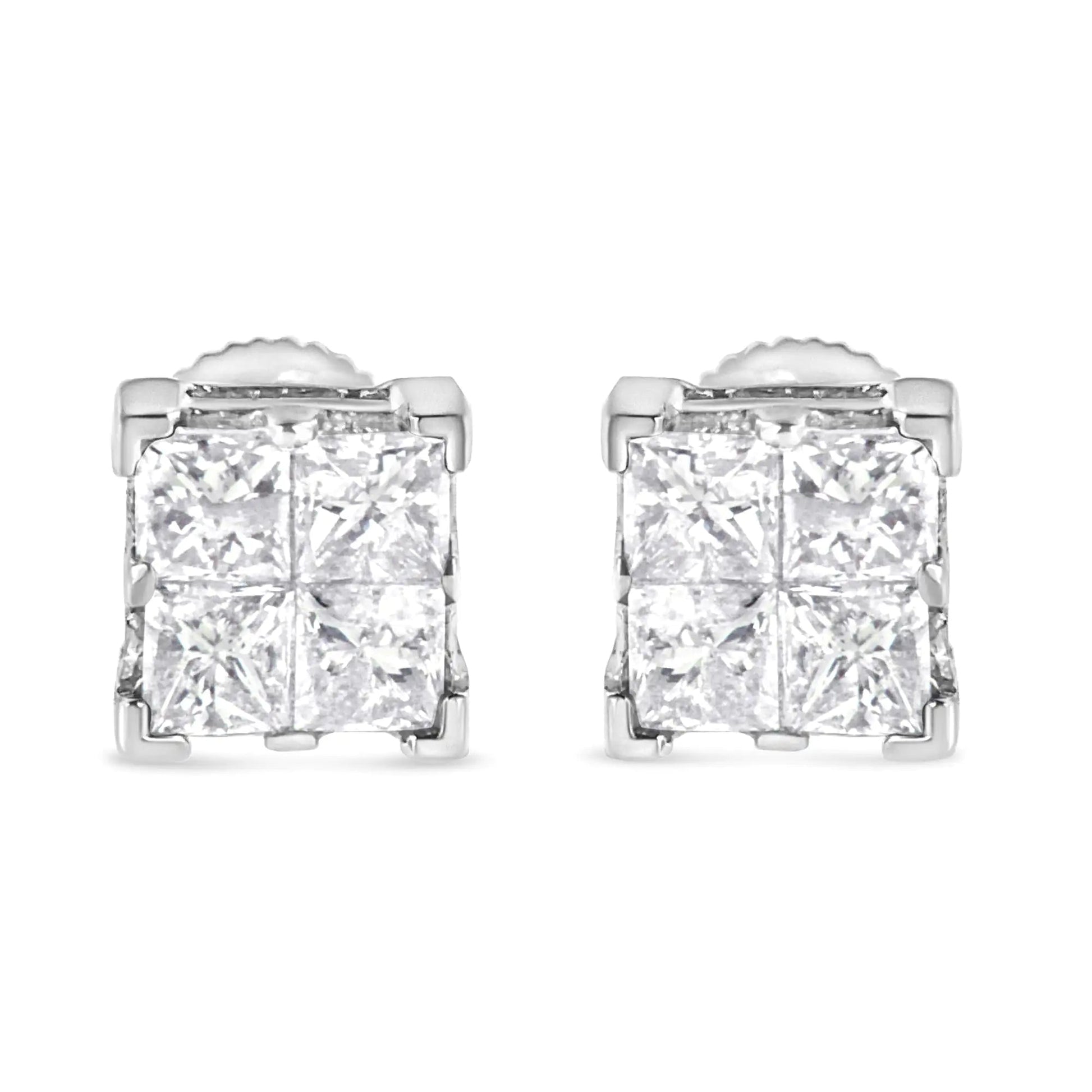 10K White Gold 3/4 Cttw Invisible Set Princess - Cut Diamond Composite Square Stud Earrings (H - I Color, SI2 - I1 Clarity) - Jaazi Intl