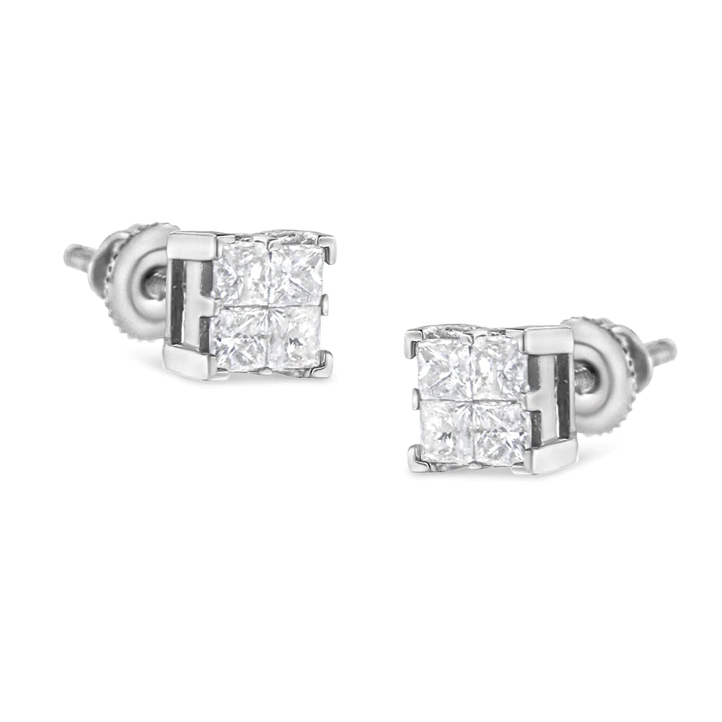 10K White Gold 3/4 Cttw Invisible Set Princess - Cut Diamond Composite Square Stud Earrings (H - I Color, SI2 - I1 Clarity) - Jaazi Intl