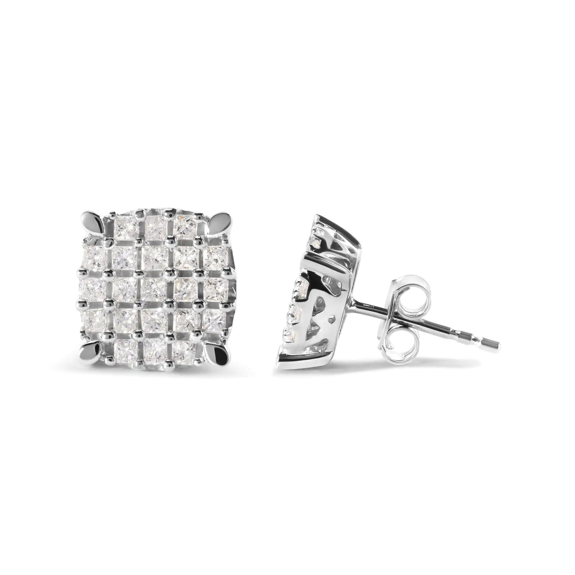 10K White Gold 3/4 Cttw Princess Diamond Composite Cushion Shape Stud Earrings (I - J Color, I1 - I2 Clarity) - Jaazi International