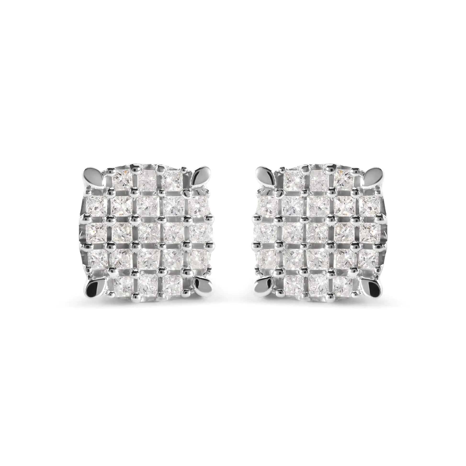 10K White Gold 3/4 Cttw Princess Diamond Composite Cushion Shape Stud Earrings (I - J Color, I1 - I2 Clarity) - Jaazi International