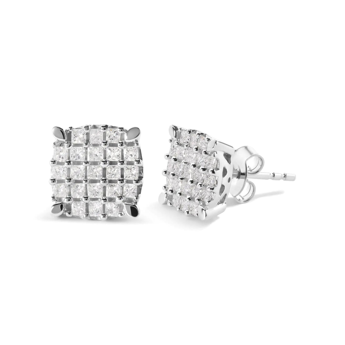 10K White Gold 3/4 Cttw Princess Diamond Composite Cushion Shape Stud Earrings (I - J Color, I1 - I2 Clarity) - Jaazi International