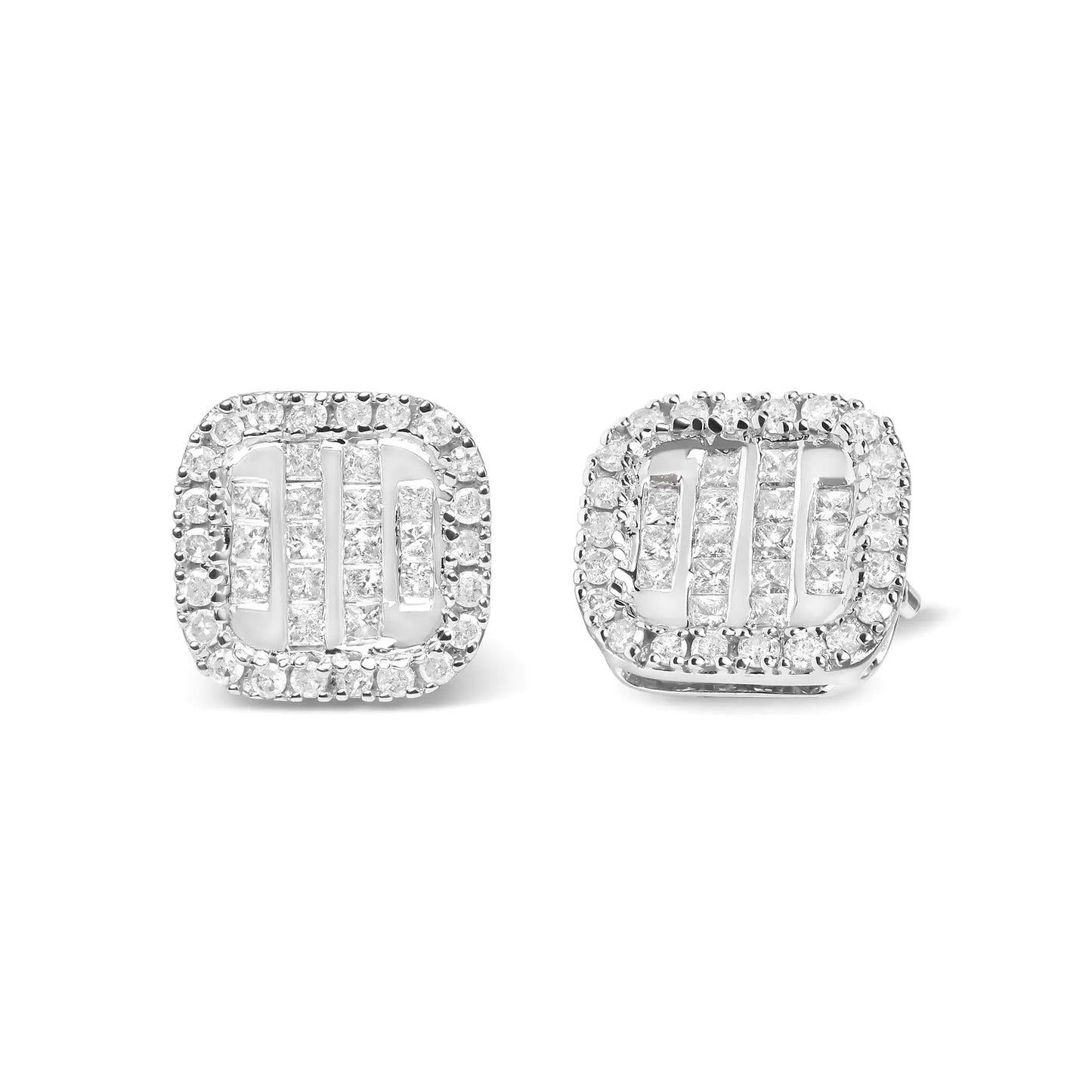 10K White Gold 7/8 Cttw Diamond Princess Composite and Halo Stud Earrings (I - J Color, I1 - I2 Clarity) - Jaazi Intl