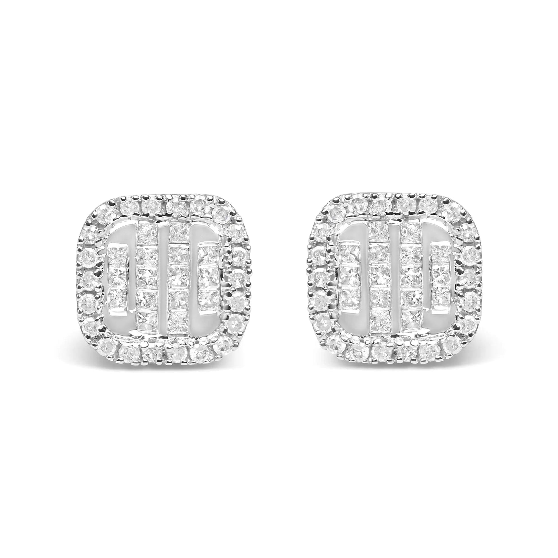 10K White Gold 7/8 Cttw Diamond Princess Composite and Halo Stud Earrings (I - J Color, I1 - I2 Clarity) - Jaazi Intl