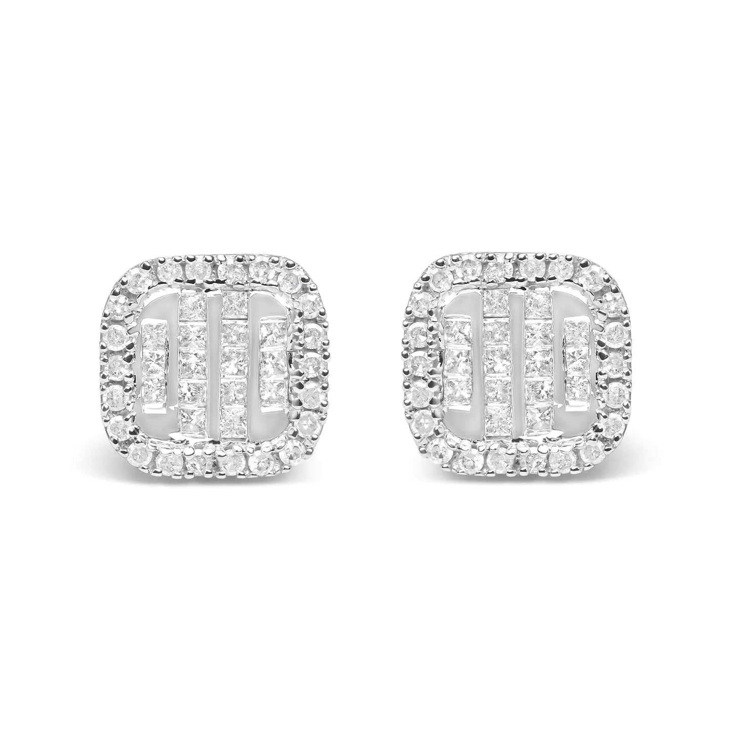 10K White Gold 7/8 Cttw Diamond Princess Composite and Halo Stud Earrings (I - J Color, I1 - I2 Clarity) - Jaazi Intl