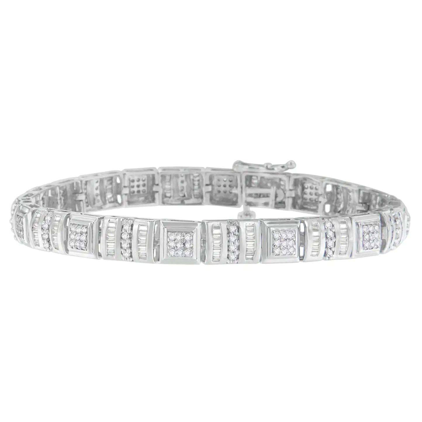 10K White Gold Round and Baguette Cut Diamond Bracelet (2.00 cttw, H - I Color, I2 - I3 Clarity) - Jaazi Intl