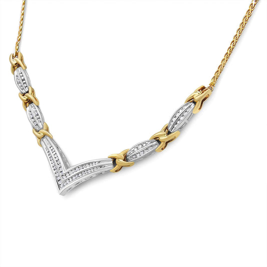 10K Yellow and White Gold 1.0 Cttw Round and Princess cut Diamond "V" Shape Statement Necklace (I - J Color, I1 - I2 Clarity) - Jaazi International