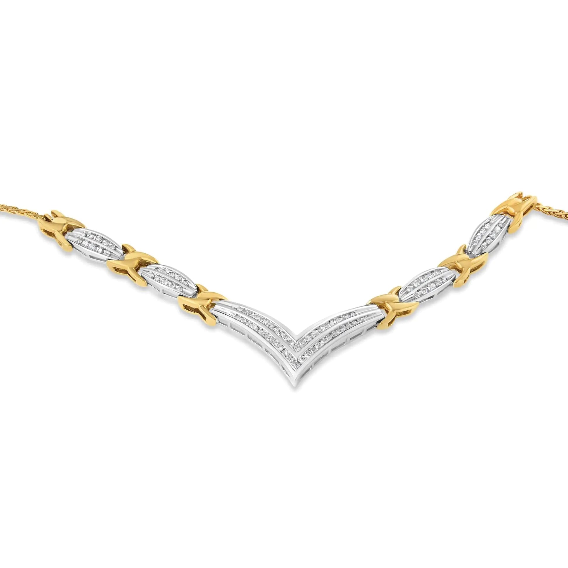 10K Yellow and White Gold 1.0 Cttw Round and Princess cut Diamond "V" Shape Statement Necklace (I - J Color, I1 - I2 Clarity) - Jaazi International