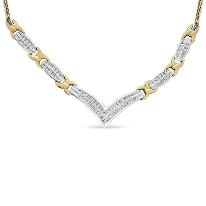 10K Yellow and White Gold 1.0 Cttw Round and Princess cut Diamond "V" Shape Statement Necklace (I - J Color, I1 - I2 Clarity) - Jaazi International