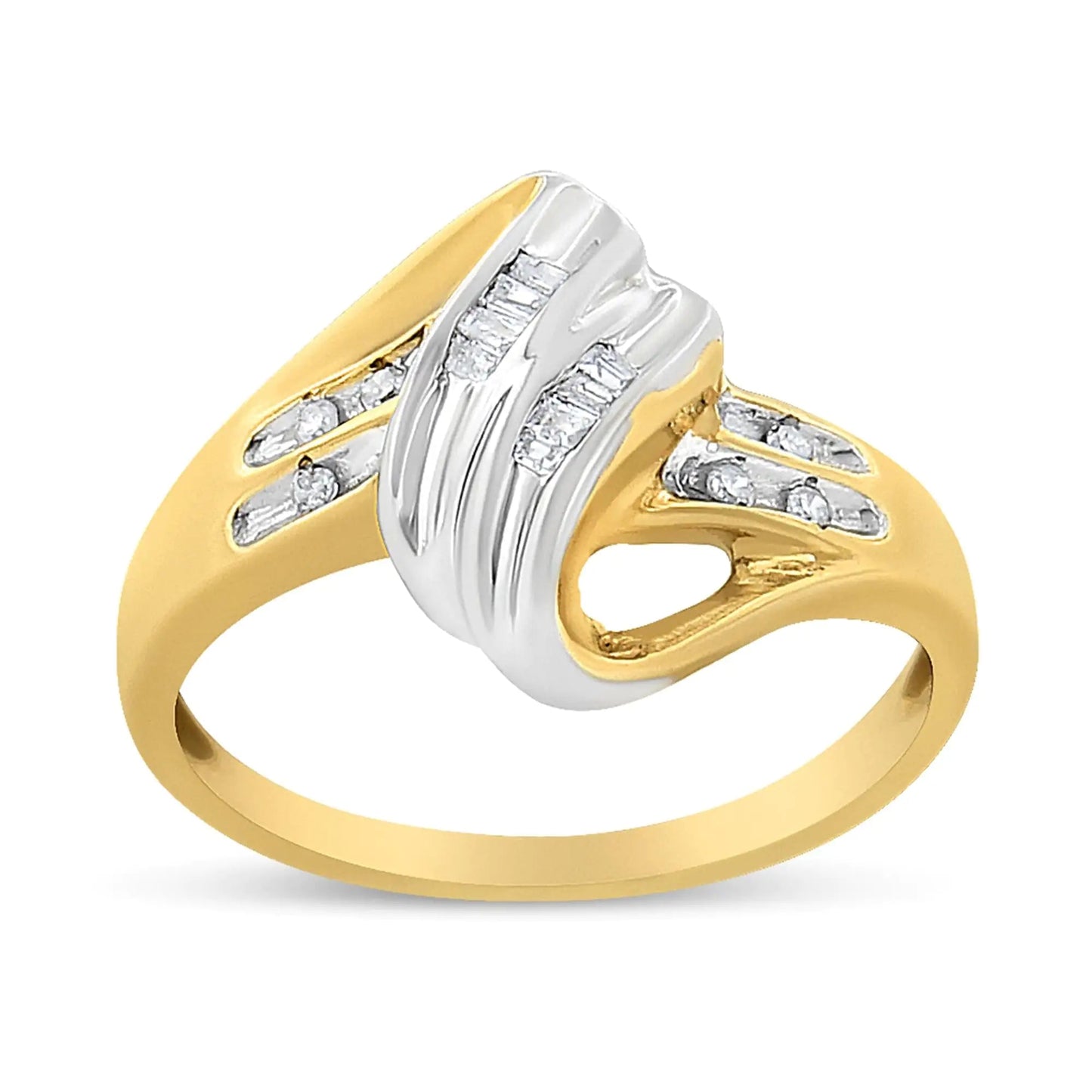 10K Yellow and White Gold 1.00 Cttw Round And Baguette - Cut Diamond Accent Bypass Ring (H - I Color, I2 - I3 Clarity) - Jaazi Intl