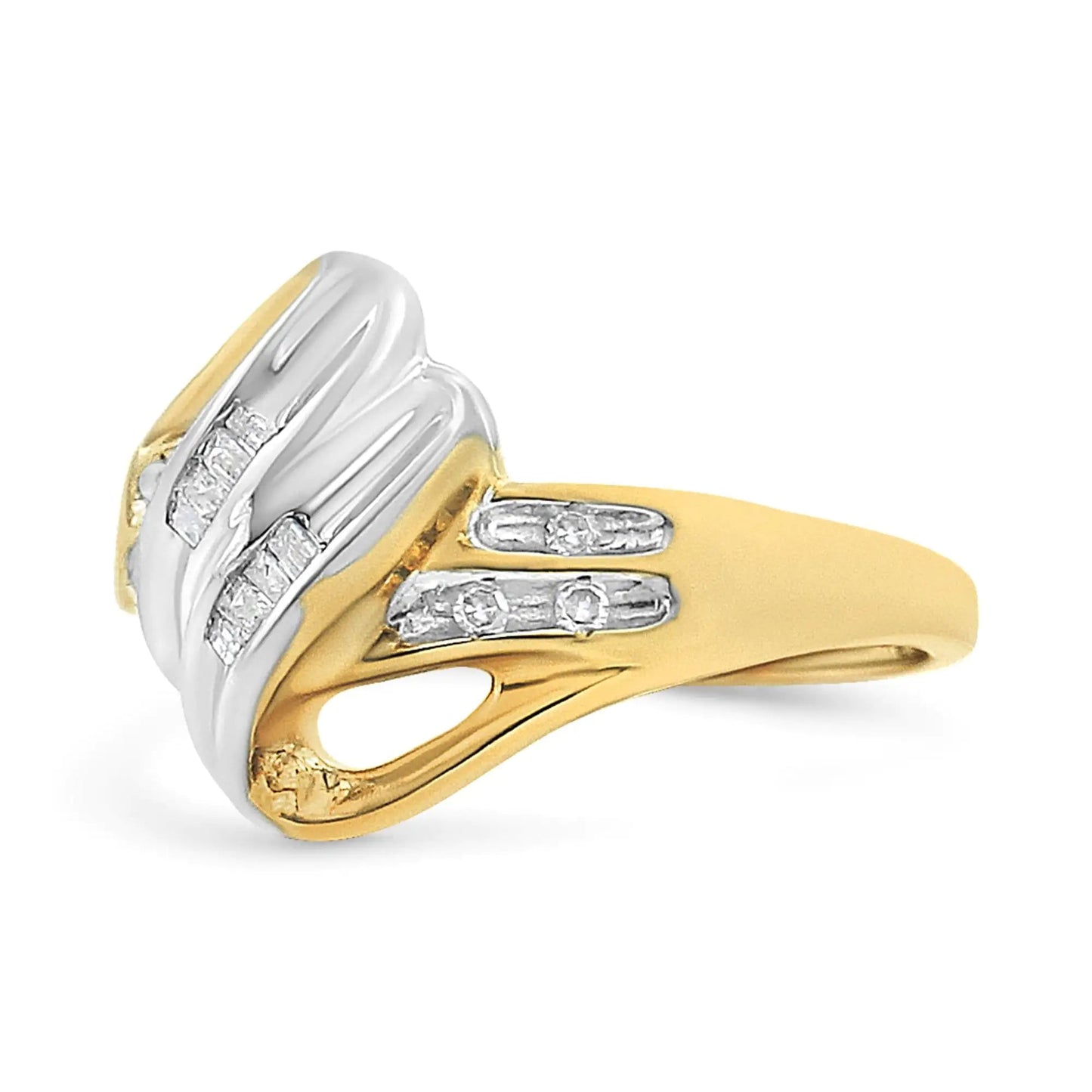 10K Yellow and White Gold 1.00 Cttw Round And Baguette - Cut Diamond Accent Bypass Ring (H - I Color, I2 - I3 Clarity) - Jaazi Intl