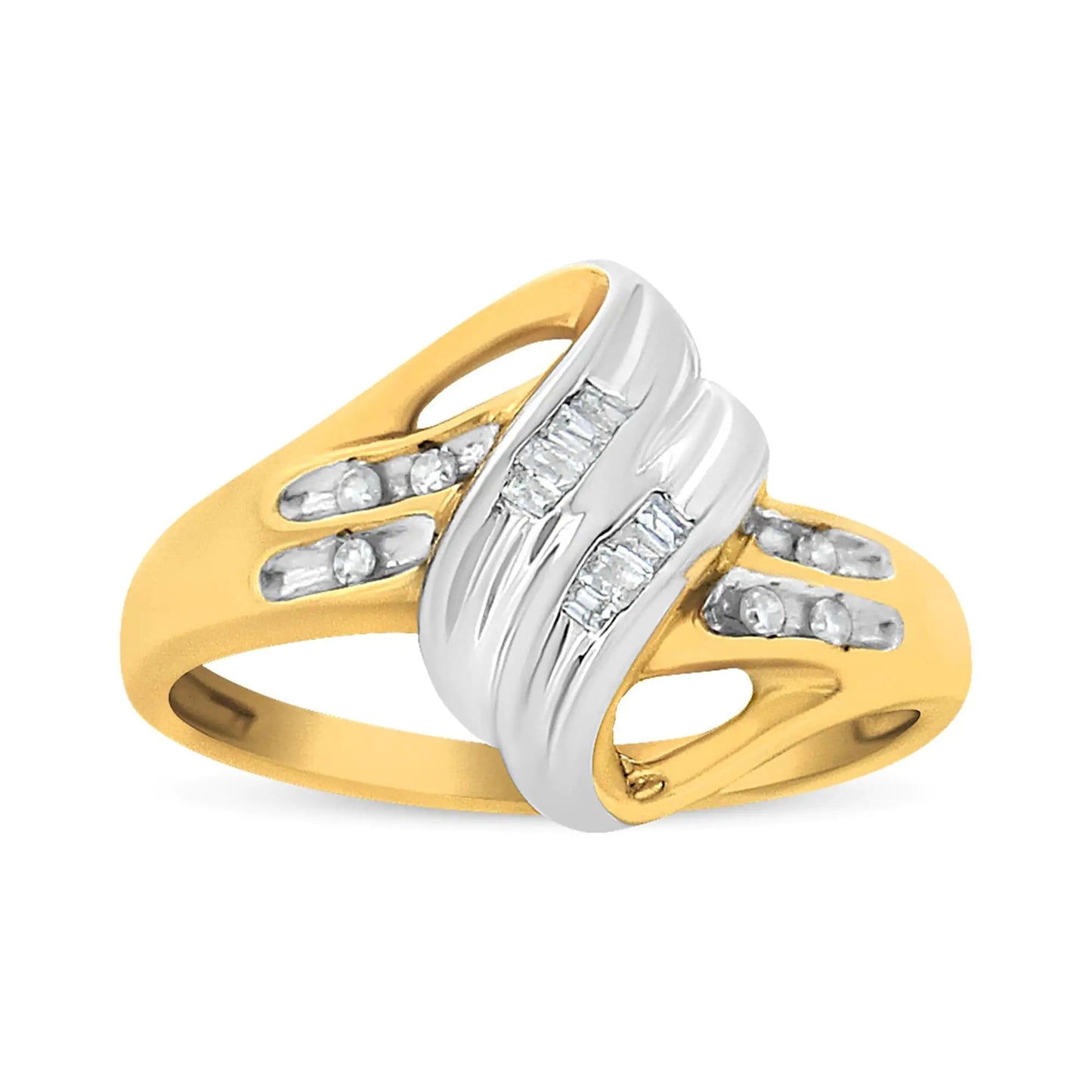 10K Yellow and White Gold 1.00 Cttw Round And Baguette - Cut Diamond Accent Bypass Ring (H - I Color, I2 - I3 Clarity) - Jaazi Intl