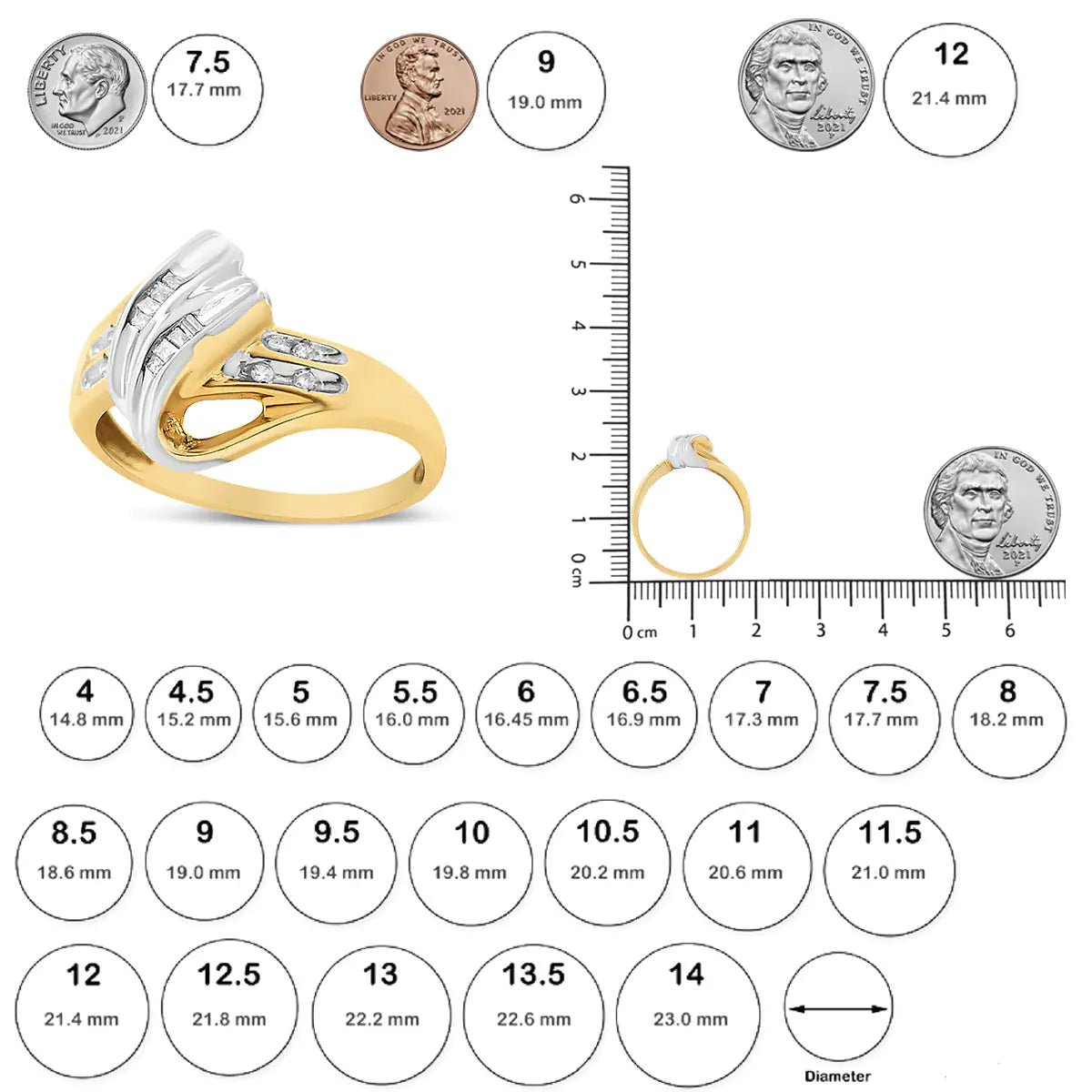 10K Yellow and White Gold 1.00 Cttw Round And Baguette - Cut Diamond Accent Bypass Ring (H - I Color, I2 - I3 Clarity) - Jaazi Intl