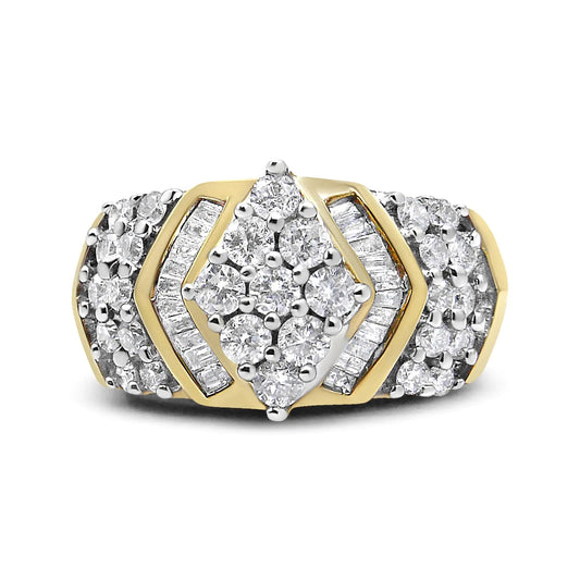 10K Yellow and White Gold 1.00 Cttw Round and Baguette - Cut Diamond Cluster Ring (H - I Color, I1 - I2 Clarity) - Jaazi Intl