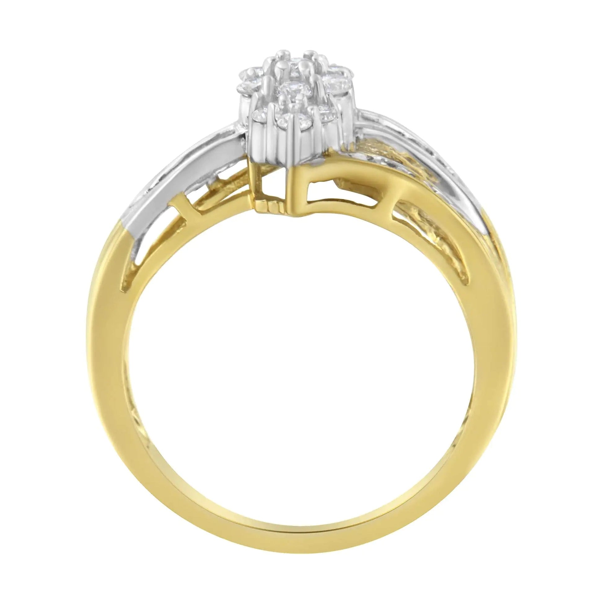 10K Yellow and White Gold 1/2 Cttw Diamond Marquise Shaped Cluster Split Shank Ring (H - I Color, SI2 - I1 Clarity) - Jaazi Intl