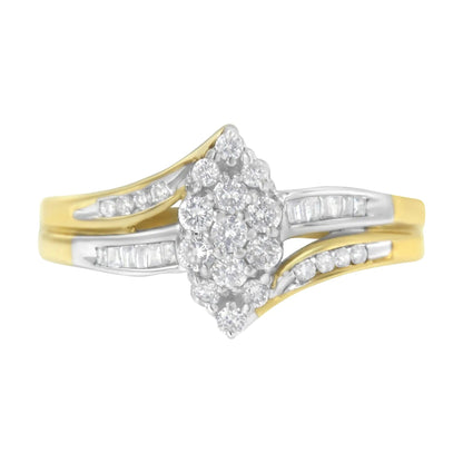 10K Yellow and White Gold 1/2 Cttw Diamond Marquise Shaped Cluster Split Shank Ring (H - I Color, SI2 - I1 Clarity) - Jaazi Intl