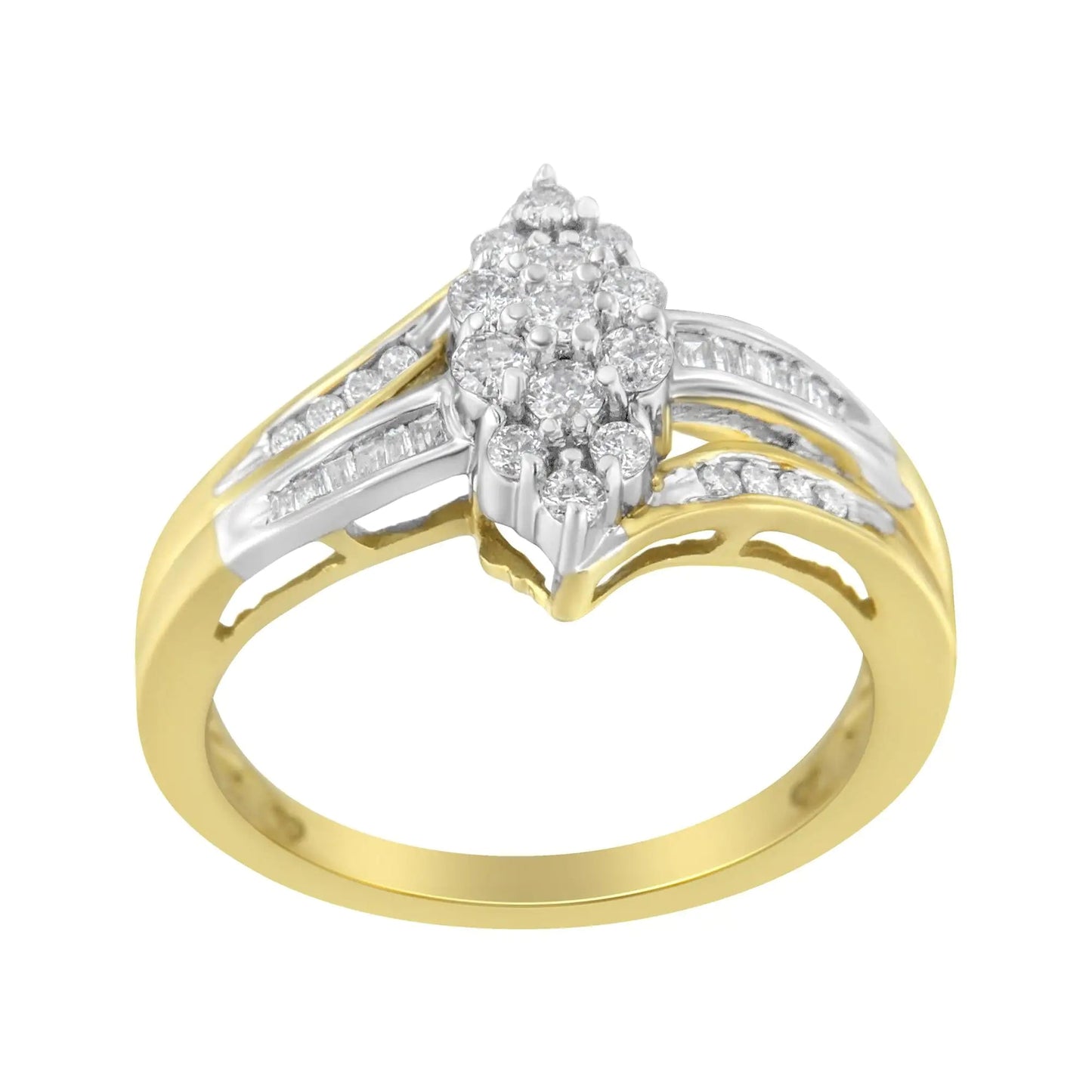 10K Yellow and White Gold 1/2 Cttw Diamond Marquise Shaped Cluster Split Shank Ring (H - I Color, SI2 - I1 Clarity) - Jaazi Intl