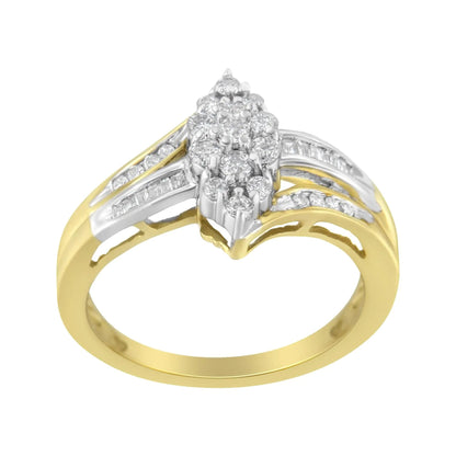 10K Yellow and White Gold 1/2 Cttw Diamond Marquise Shaped Cluster Split Shank Ring (H - I Color, SI2 - I1 Clarity) - Jaazi Intl