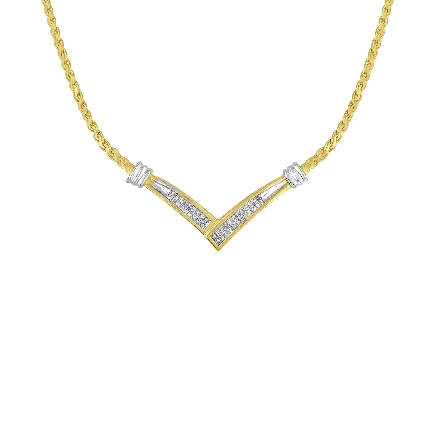 10K Yellow and White Gold 1/2 Cttw Princess Cut Diamond Channel - Set “V” Shape 18" Franco Chain Necklace (H - I Color, SI2 - I1 Clarity) - Jaazi Intl