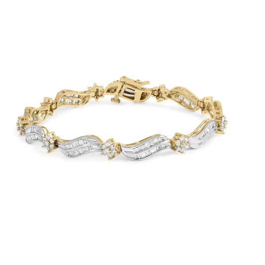 10K Yellow and White Gold 3.00 Cttw Diamond Cluster and Wave Link Bracelet (I - J Color, I1 - I2 Clarity) - 7.25" - Jaazi International