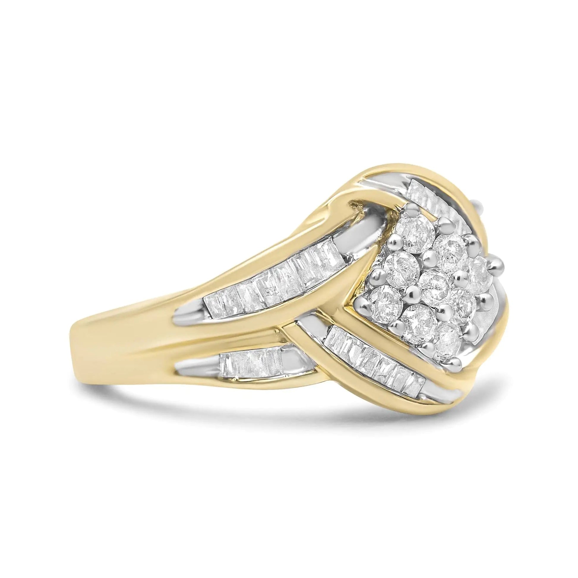 10K Yellow and White Gold 3/4 Cttw Diamond Cluster and Swirl Ring (H - I Color, I1 - I2 Clarity) - Jaazi International