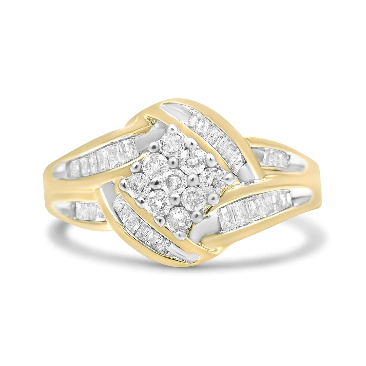 10K Yellow and White Gold 3/4 Cttw Diamond Cluster and Swirl Ring (H - I Color, I1 - I2 Clarity) - Jaazi International