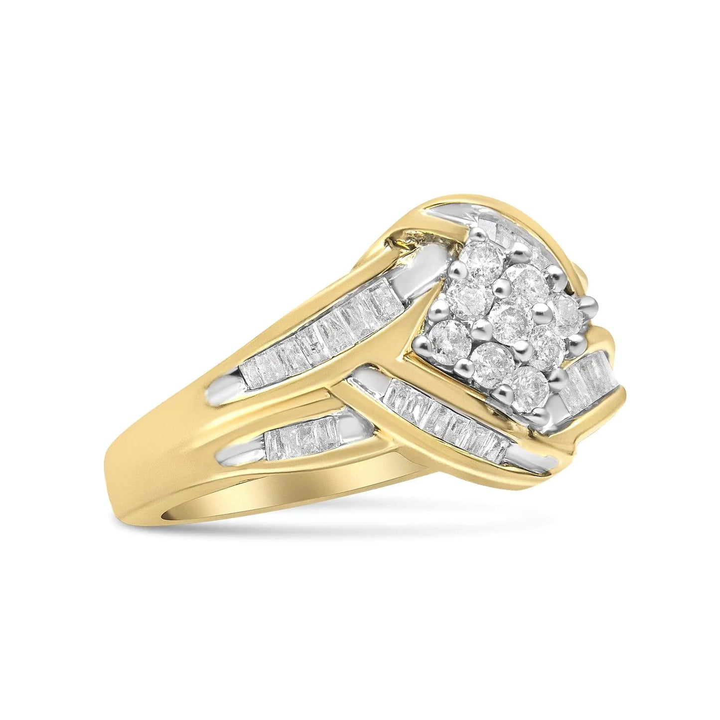 10K Yellow and White Gold 3/4 Cttw Diamond Cluster and Swirl Ring (H - I Color, I1 - I2 Clarity) - Jaazi International