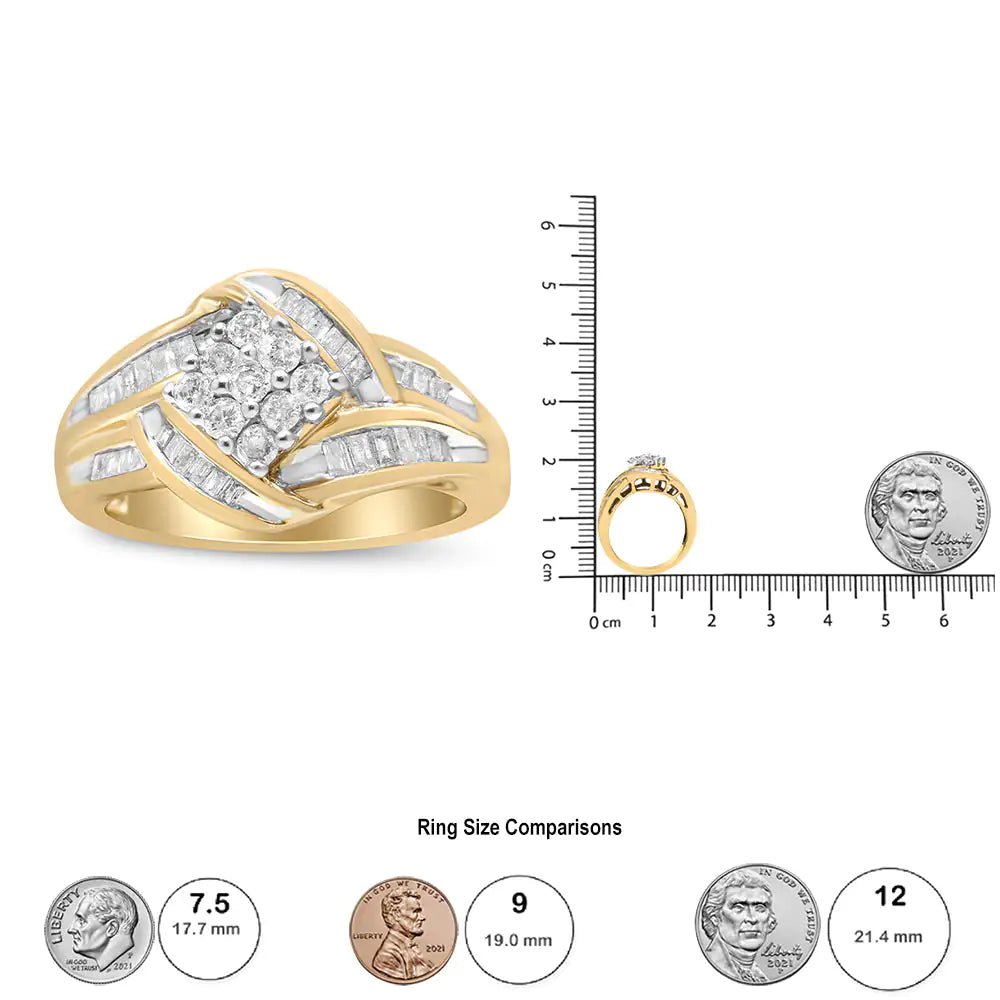 10K Yellow and White Gold 3/4 Cttw Diamond Cluster and Swirl Ring (H - I Color, I1 - I2 Clarity) - Jaazi International