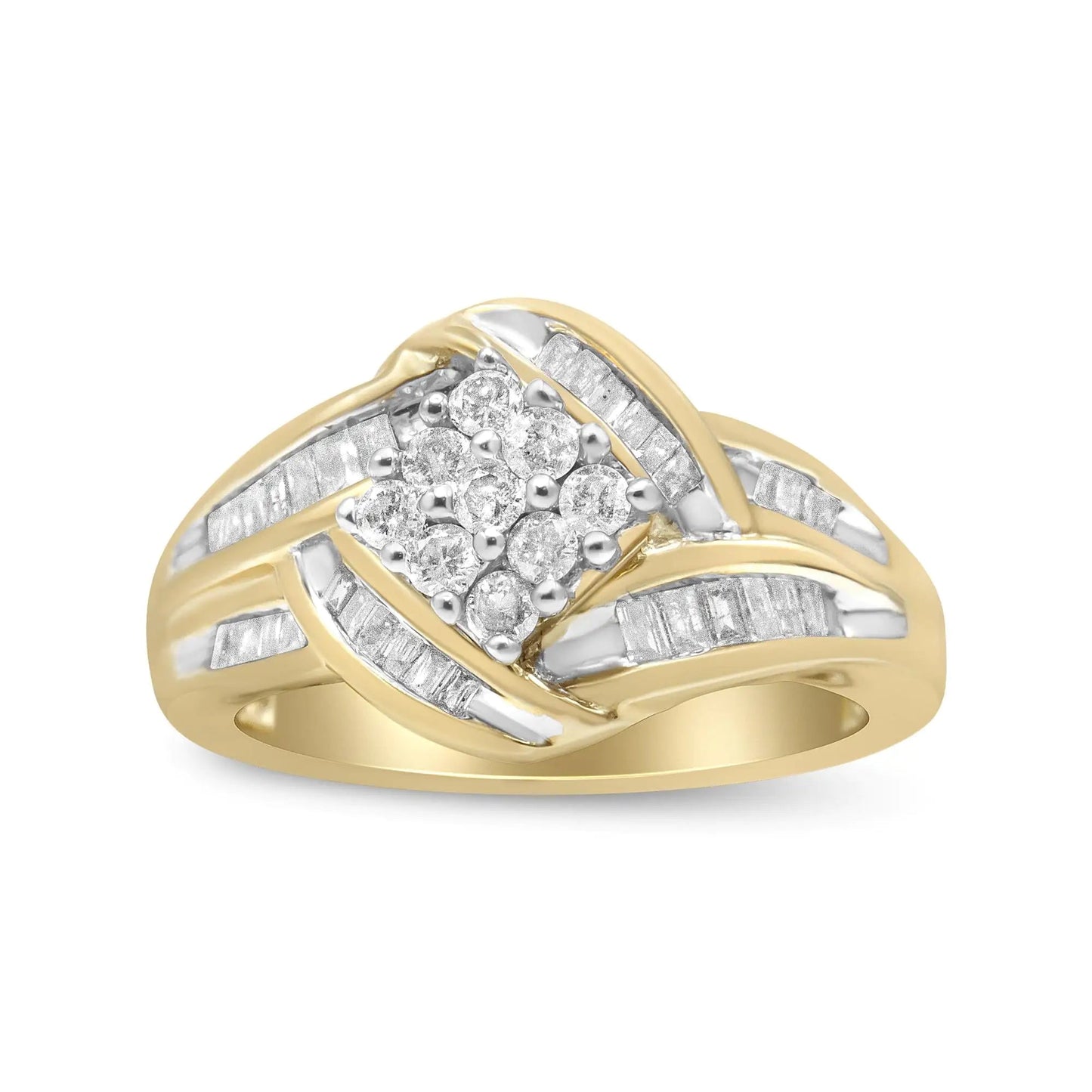 10K Yellow and White Gold 3/4 Cttw Diamond Cluster and Swirl Ring (H - I Color, I1 - I2 Clarity) - Jaazi International