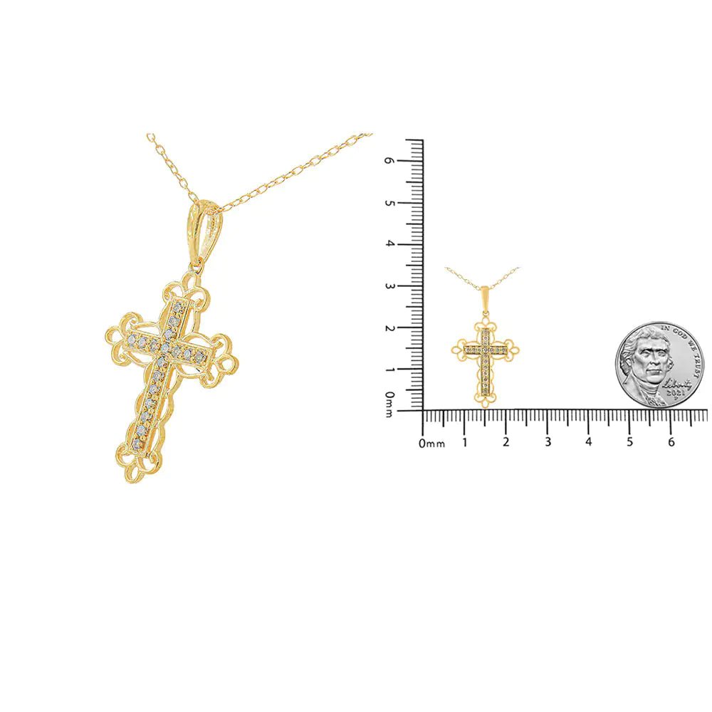 10K Yellow Flashed .925 Sterling Silver 1/4 Cttw Champagne Diamond Filigree Cross Pendant Necklace (K - L Color, I1 - I2 Clarity) - 18" - Jaazi Intl