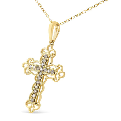 10K Yellow Flashed .925 Sterling Silver 1/4 Cttw Champagne Diamond Filigree Cross Pendant Necklace (K - L Color, I1 - I2 Clarity) - 18" - Jaazi Intl