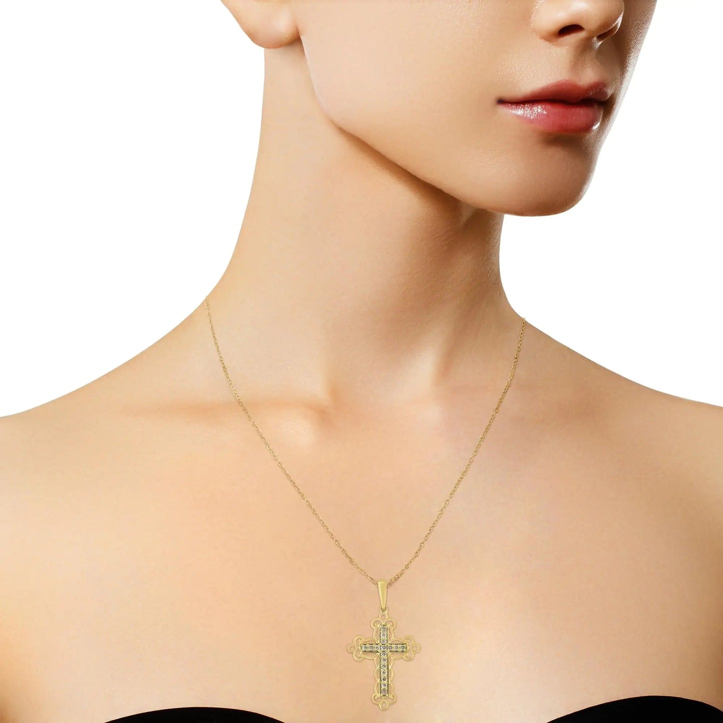 10K Yellow Flashed .925 Sterling Silver 1/4 Cttw Champagne Diamond Filigree Cross Pendant Necklace (K - L Color, I1 - I2 Clarity) - 18" - Jaazi Intl