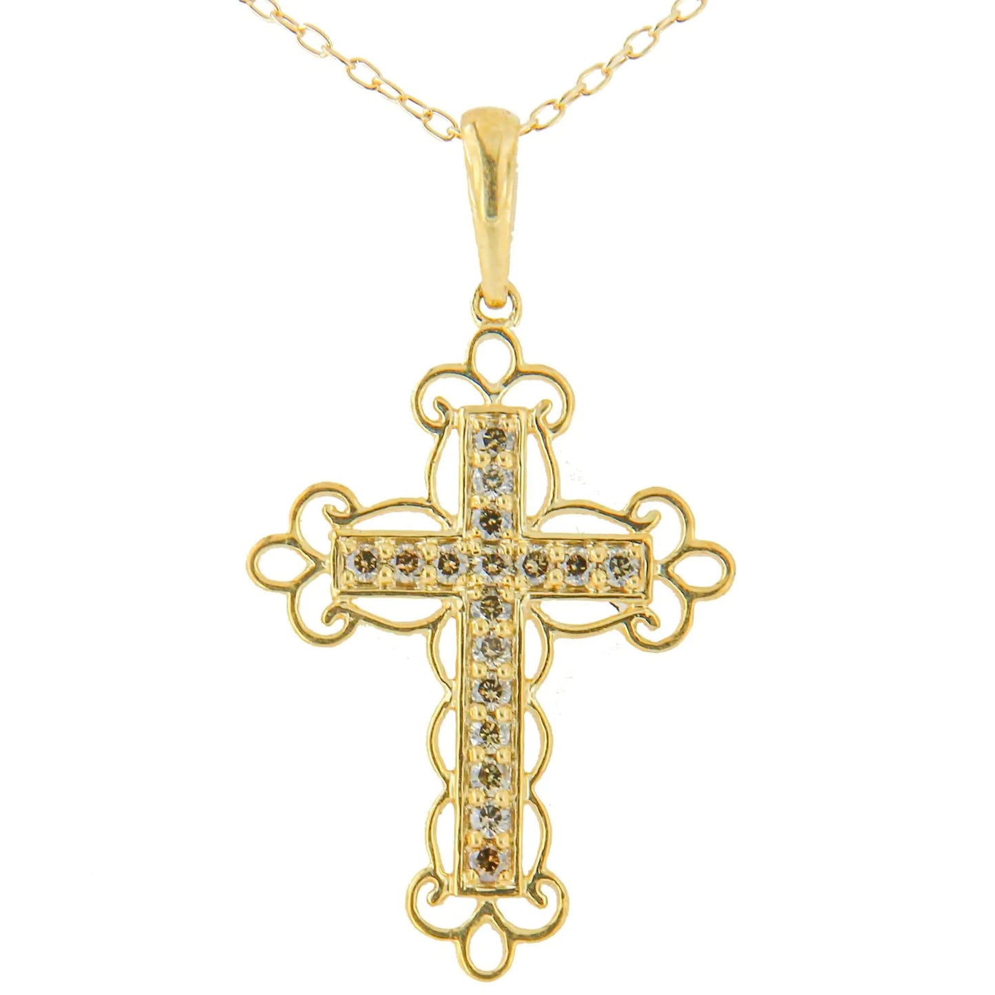 10K Yellow Flashed .925 Sterling Silver 1/4 Cttw Champagne Diamond Filigree Cross Pendant Necklace (K - L Color, I1 - I2 Clarity) - 18" - Jaazi Intl