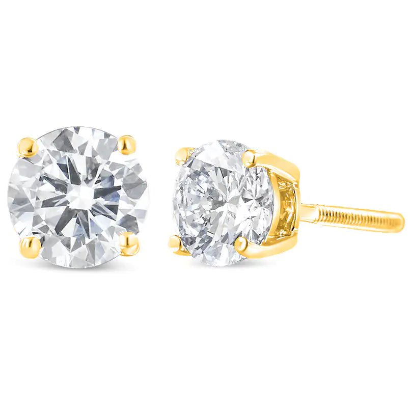 10K Yellow Gold 1 - 1/2 Cttw Round Brilliant - Cut Near Colorless Diamond Classic 4 - Prong Stud Earrings with Screw Backs (J - K Color, I1 - I2 Clarity) - Jaazi International