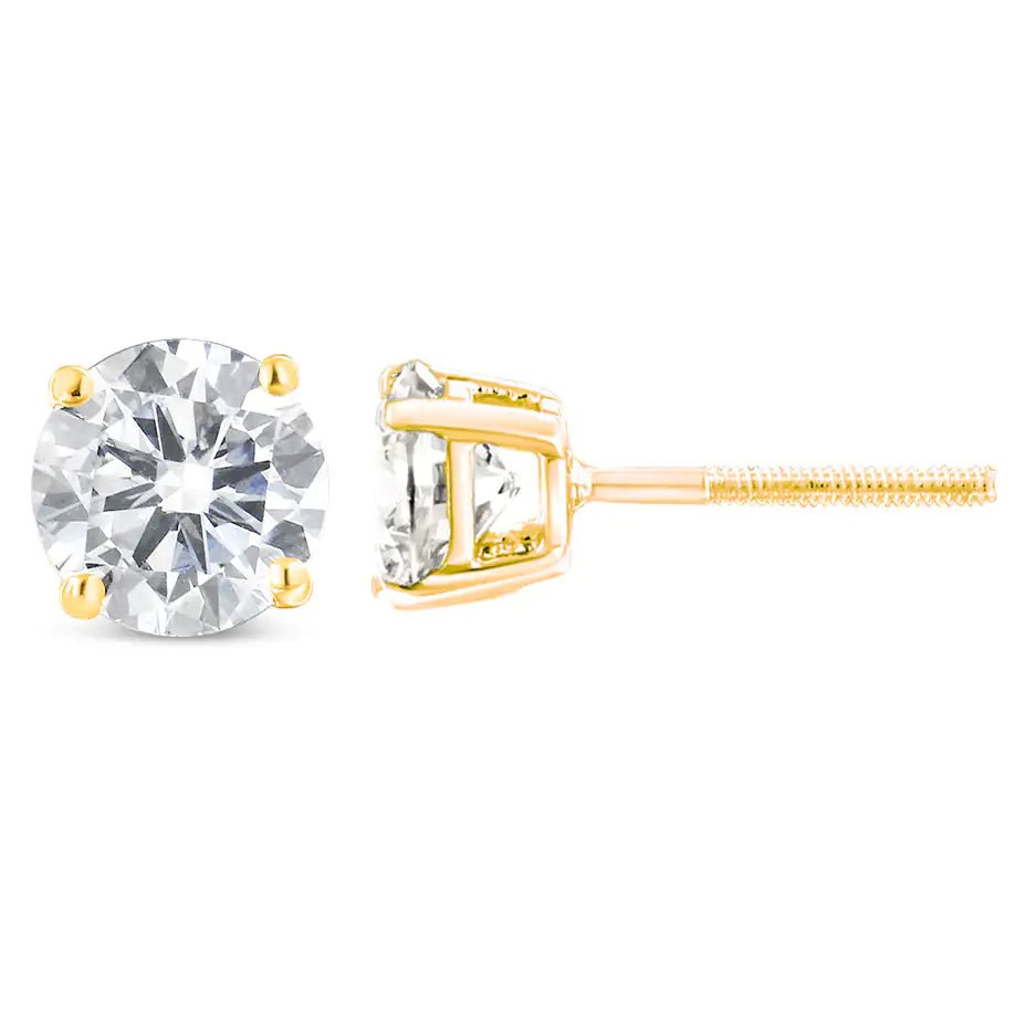 10K Yellow Gold 1 - 1/2 Cttw Round Brilliant - Cut Near Colorless Diamond Classic 4 - Prong Stud Earrings with Screw Backs (J - K Color, I1 - I2 Clarity) - Jaazi International