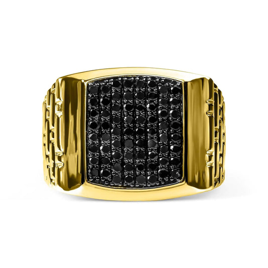 10K Yellow Gold 1 1/4 Cttw Black Diamond Cluster Gent's Band Ring (Treated Black Color, I2 - I3 Clarity) - Jaazi International