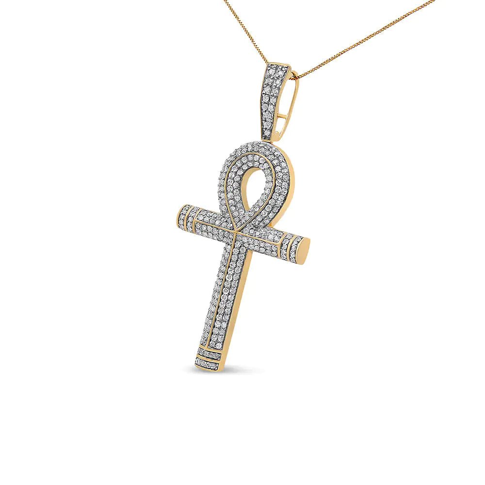 10K Yellow Gold 1 7/8 Cttw Round Diamond Ankh Cross Pendant Necklace for Men (H - I Color, SI1 - SI2 Clarity) - NO CHAIN INCLUDED - Jaazi Intl